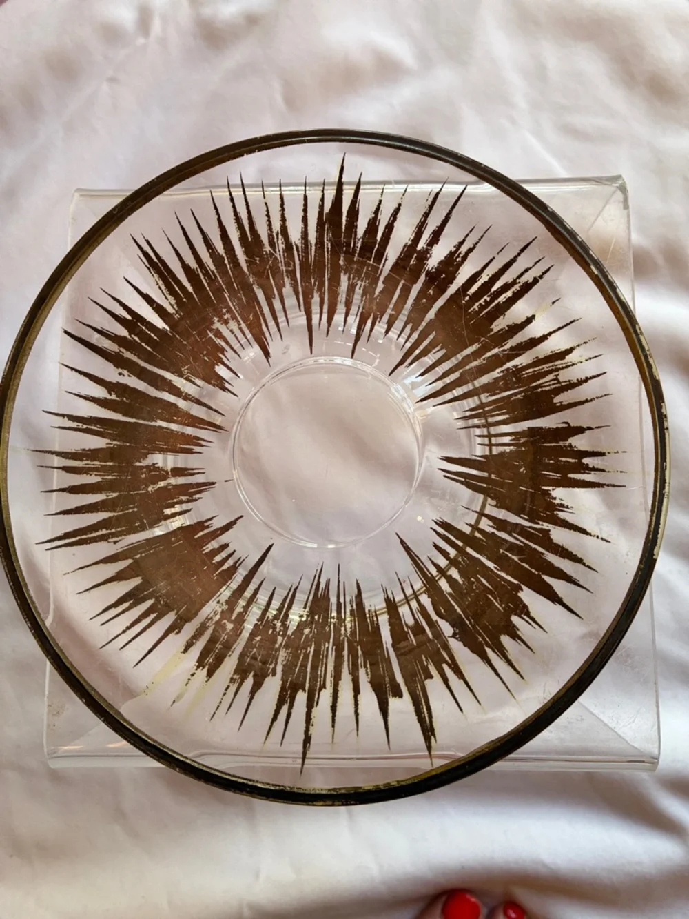 Dorothy Thorpe Atomic Tea Cup Saucer Decorative Glass Plate W/ Gold Burst Design